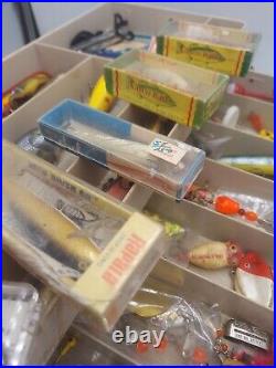 Vintage fishing Tackle Box Plano 7200 penn reels Cisco kid lures Rapalas bait