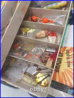 Vintage fishing Tackle Box Plano 7200 penn reels Cisco kid lures Rapalas bait