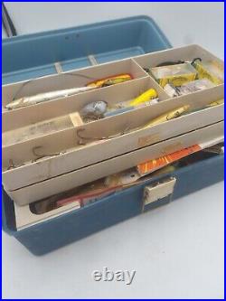 Vintage fishing Tackle Box Plano 7200 penn reels Cisco kid lures Rapalas bait