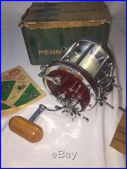 Vtg Penn Senator 114-H 6/0 Salt Water Red Fishing Reel Rod Clamp Manual Box Tool
