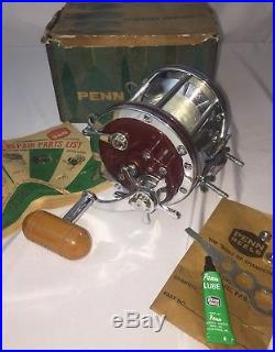 Vtg Penn Senator 114-H 6/0 Salt Water Red Fishing Reel Rod Clamp Manual Tool BOX